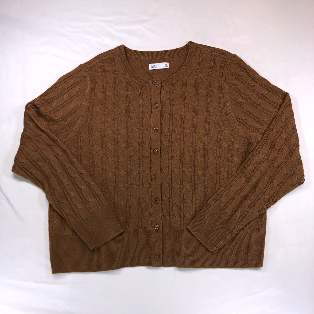Croft & Barrow Brown Cable Knit Button Front Cardigan Sweater PXL